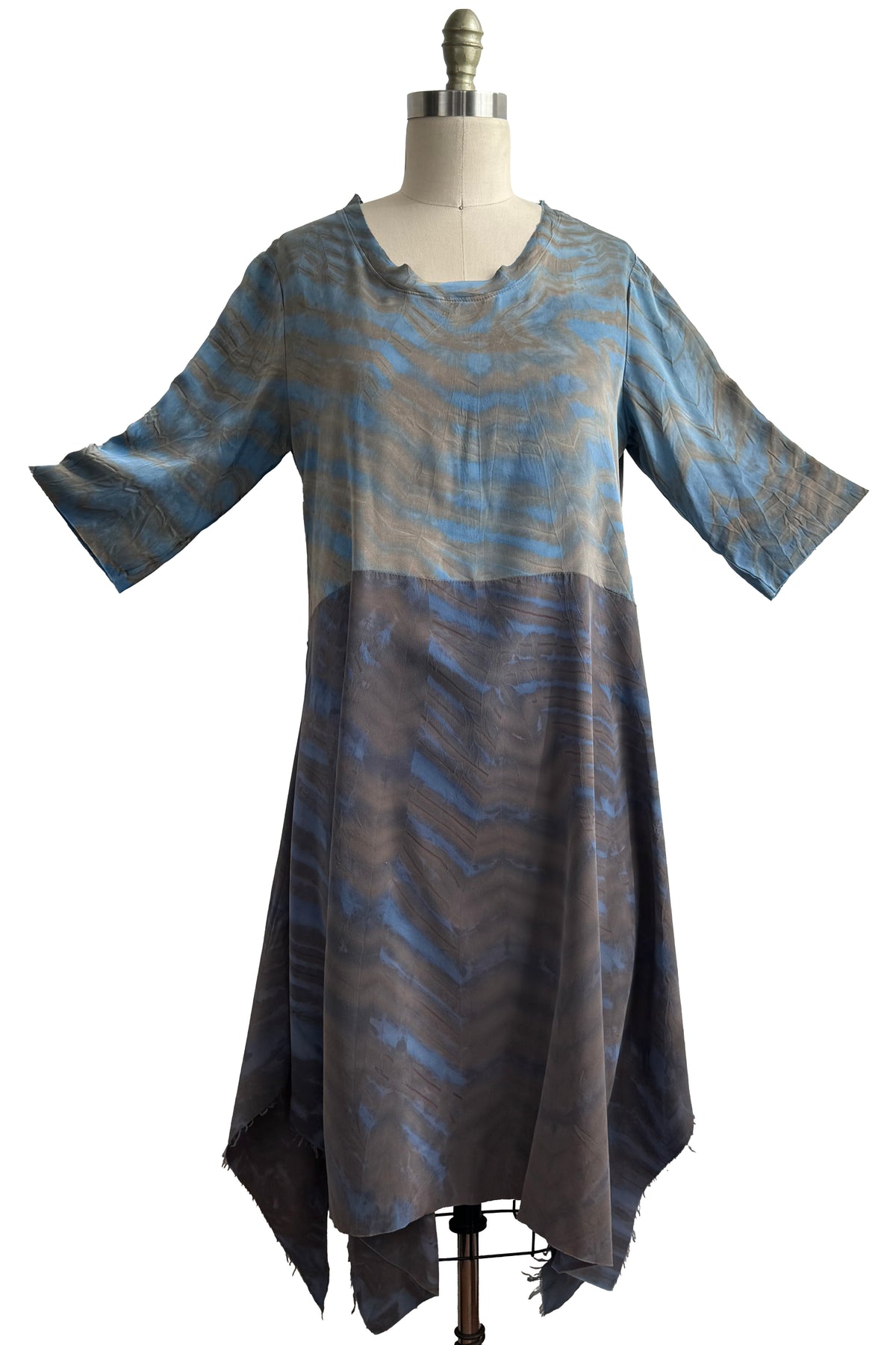 Marais Dress | Stretch Silk & Crepe De Chine | Shibori Arashi Dyed | Blue & Grey | M/L