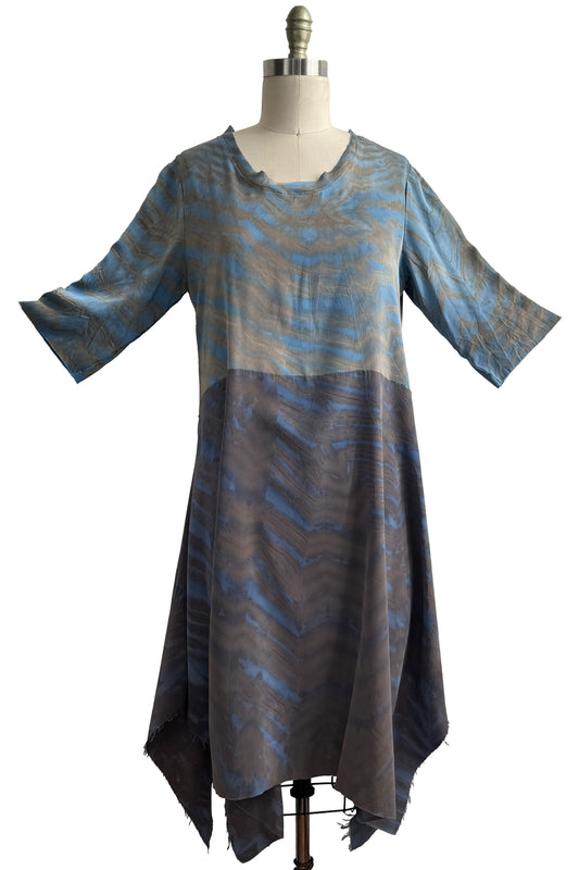 Marais Dress | Stretch Silk & Crepe De Chine | Shibori Arashi Dyed | Blue & Grey | M/L