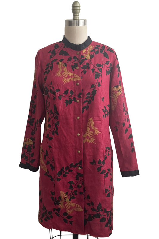 Hampton Coat | Linen | Butterfly & Vine Print | Red, Black & Gold | Medium
