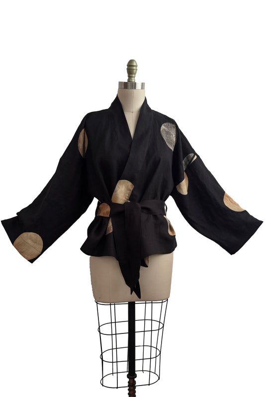 Nantes Kimono Jacket | Linen | Moon Dot Print | Black & Natural | Medium (3)
