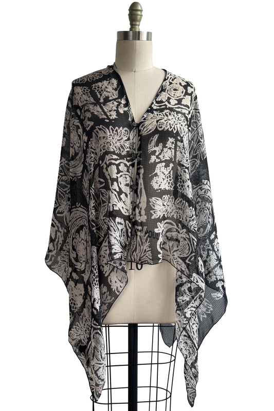 Button Drape | Seersucker Silk | Tile Print | Black & Natural