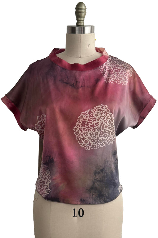 Jen Top | Silk Charmeuse | Hydrangea Print | Pink, Bronze & Grey | Small
