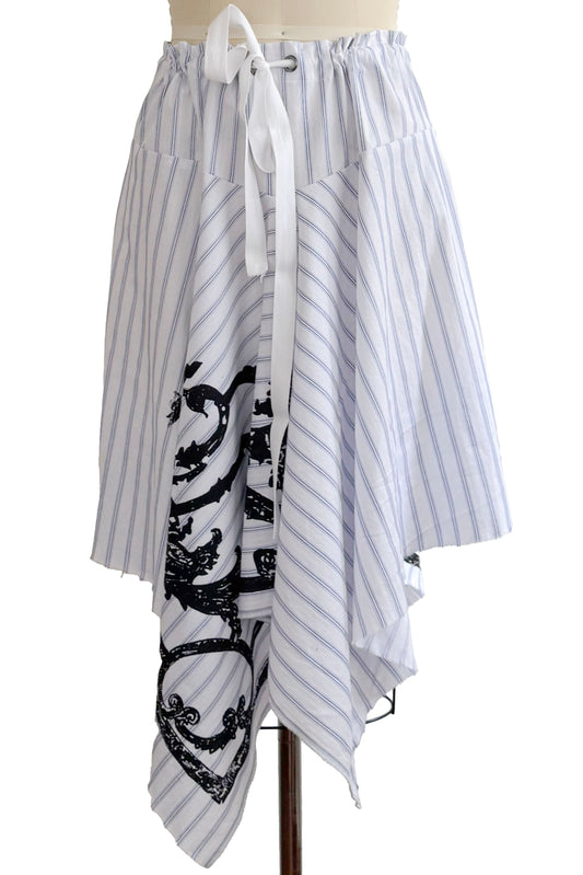 Rayme Skirt | Cotton | Stripe & Scroll Print | White, Blue & Black | Small