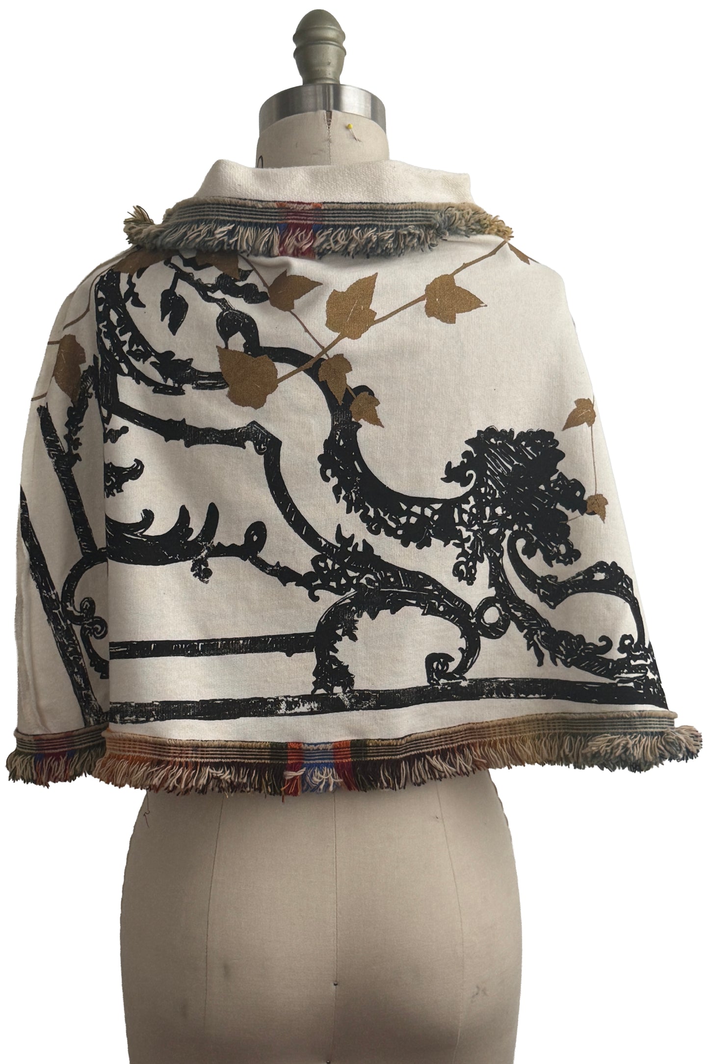 KB Studio Fringe Shrug | Organic Cotton French Terry | Scroll & Vine Print | White, Black & Gold