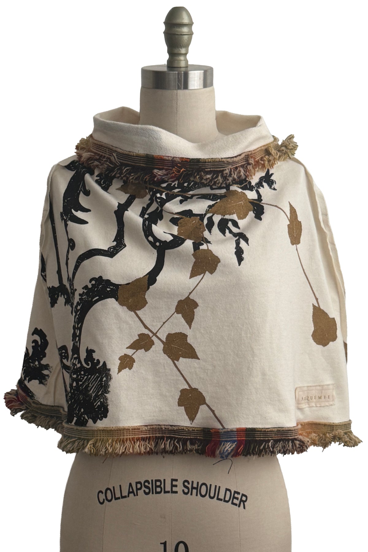 KB Studio Fringe Shrug | Organic Cotton French Terry | Scroll & Vine Print | White, Black & Gold