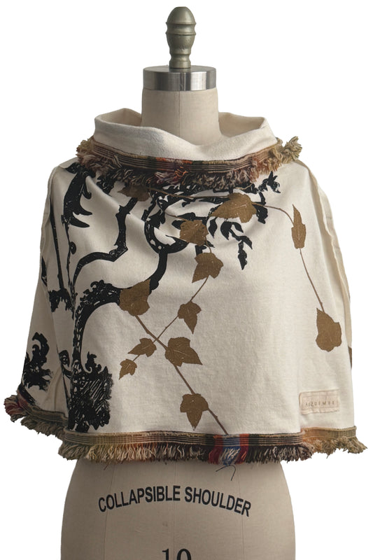 KB Studio Fringe Shrug | Organic Cotton French Terry | Scroll & Vine Print | White, Black & Gold