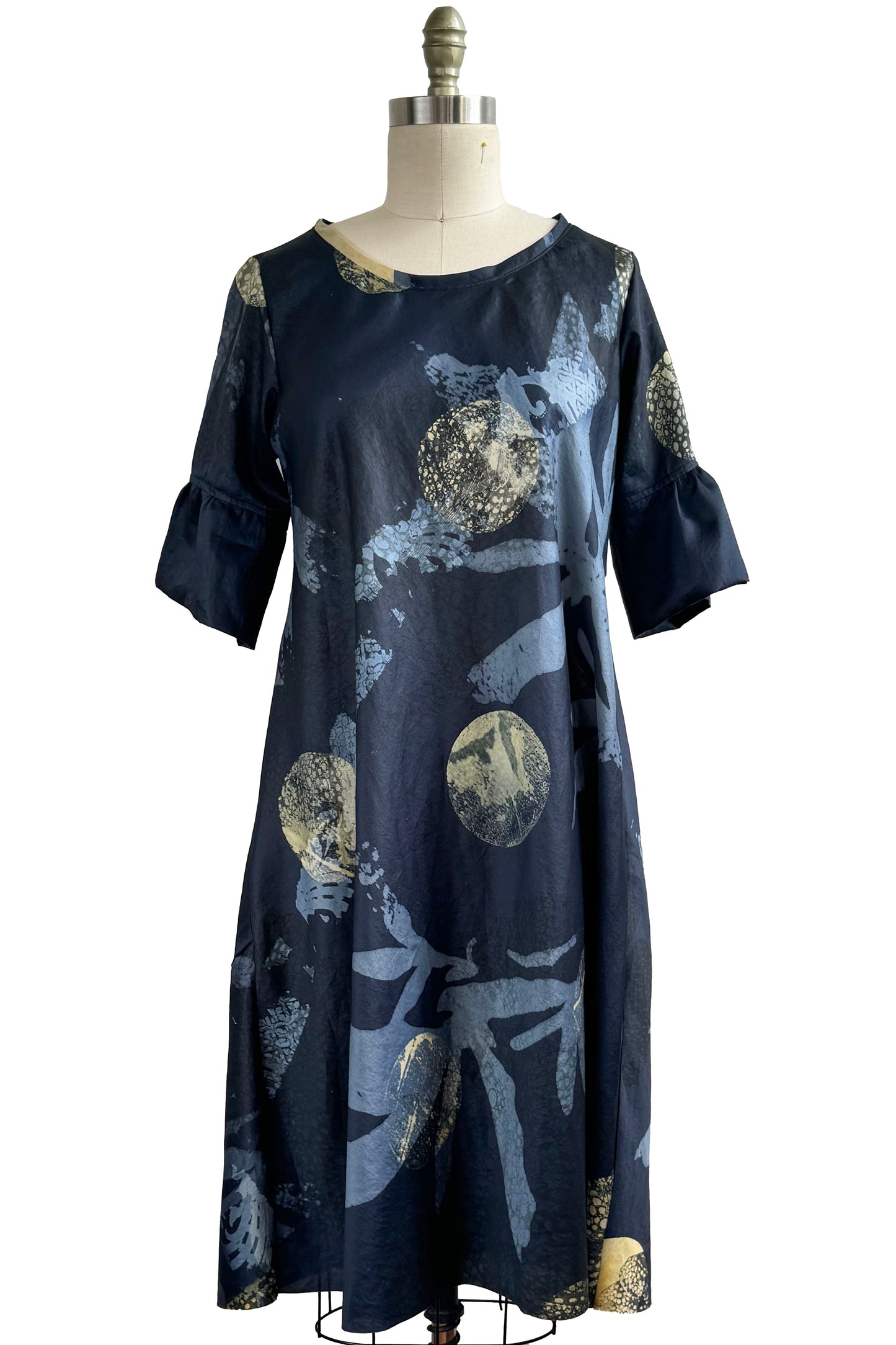 Jazzy Fest Dress | Silk Linen | Azalea & Moon Print | Indigo & Natural | Small
