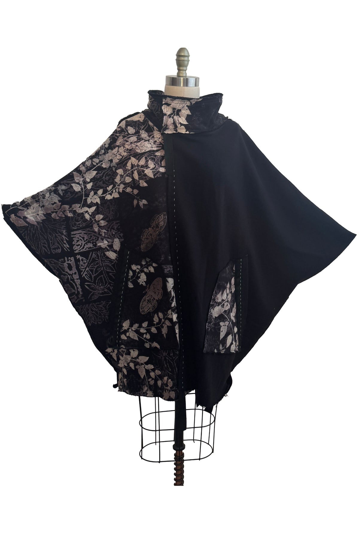 KB x Alquimie Studio Wolf Cape | Organic Cotton French Terry | Tile, Moth & Vine Print Left | Black & Natural | Large