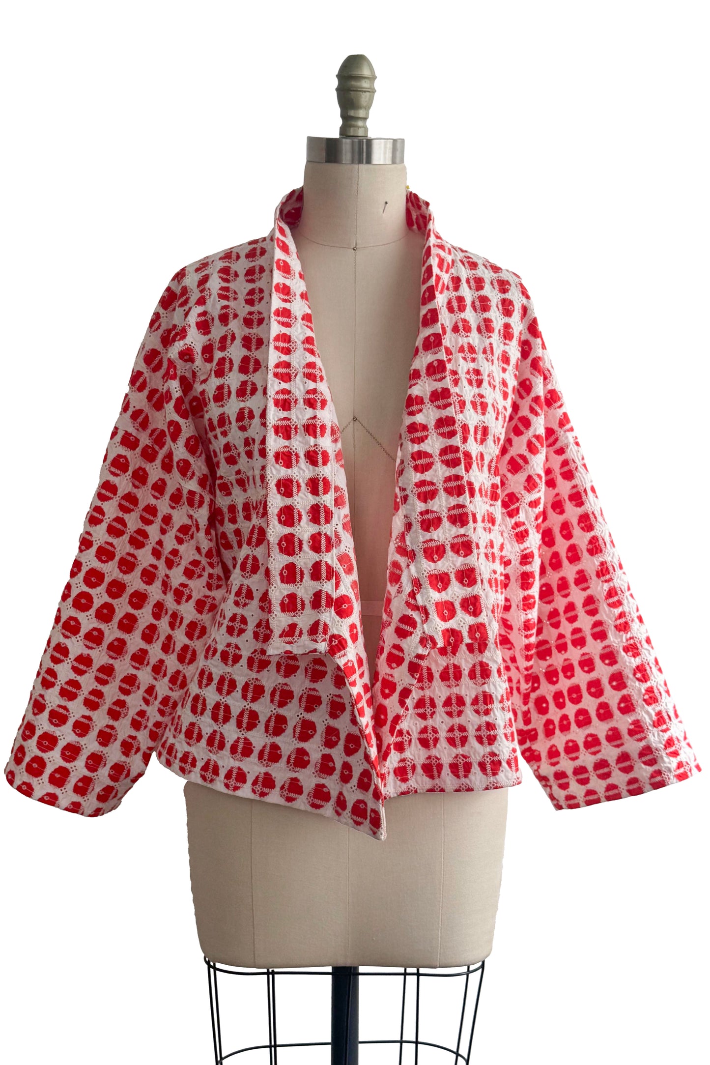 Kimono Tie Jacket | Cotton Eyelet | White & Red Orange | Medium