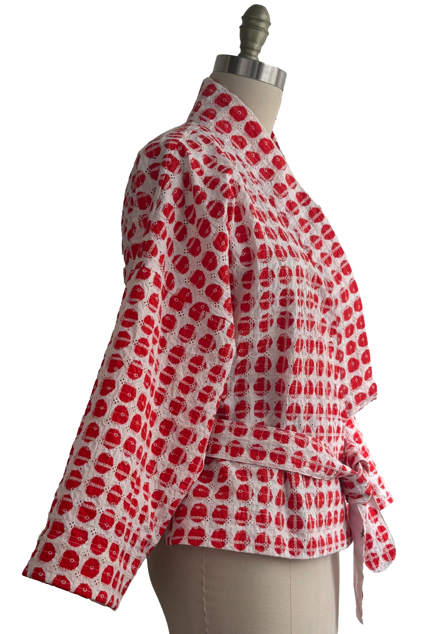 Kimono Tie Jacket | Cotton Eyelet | White & Red Orange | Medium