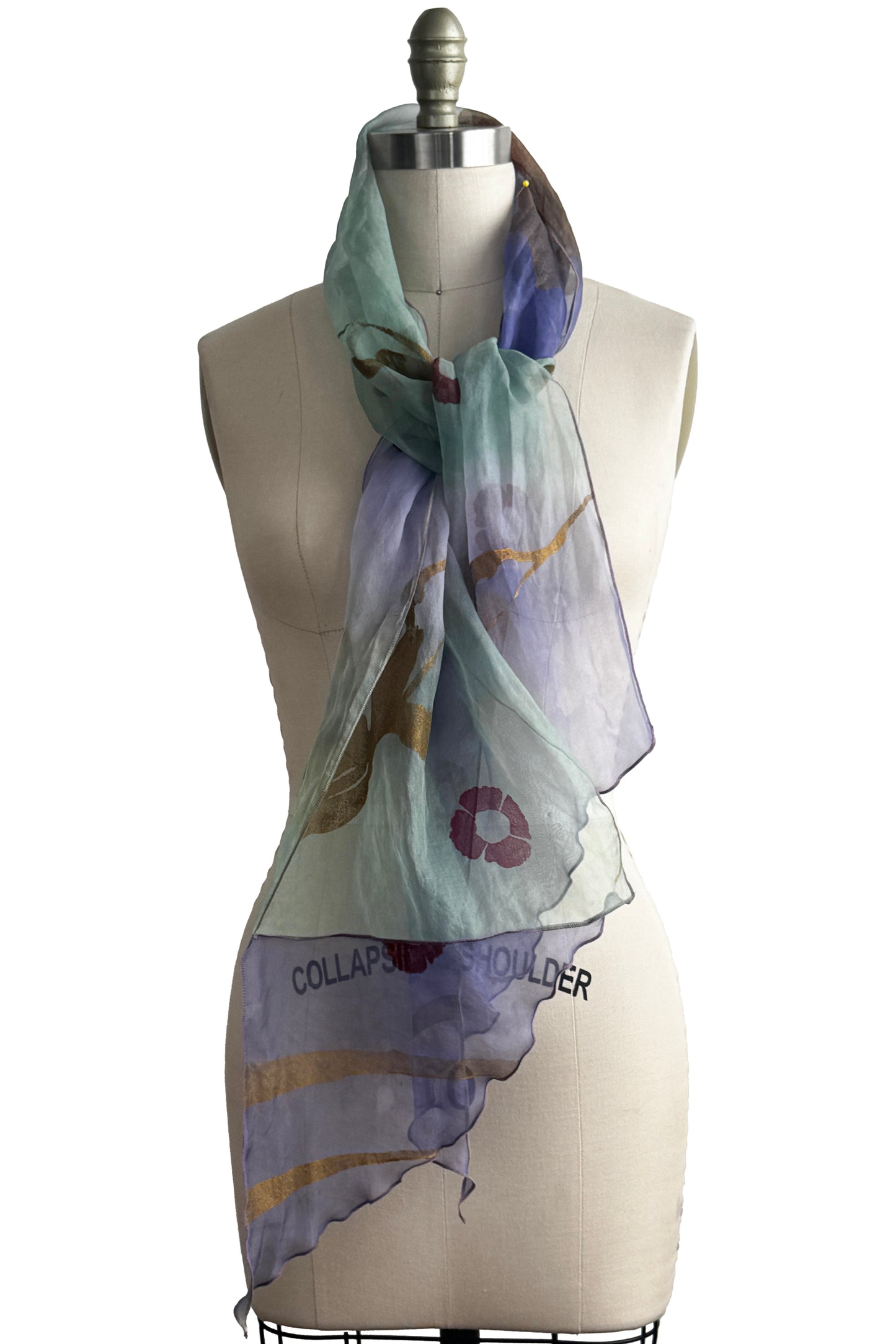 Organza Scarf | Silk Organza | Tulip & Poppy Print | White, Seafoam, Gold & Purple