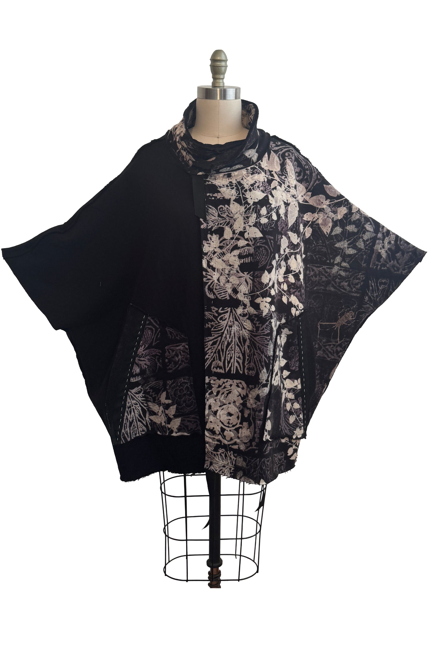 KB x Alquimie Studio Wolf Cape | Organic Cotton French Terry | Tile & Vine Print Right | Black & Natural | Medium