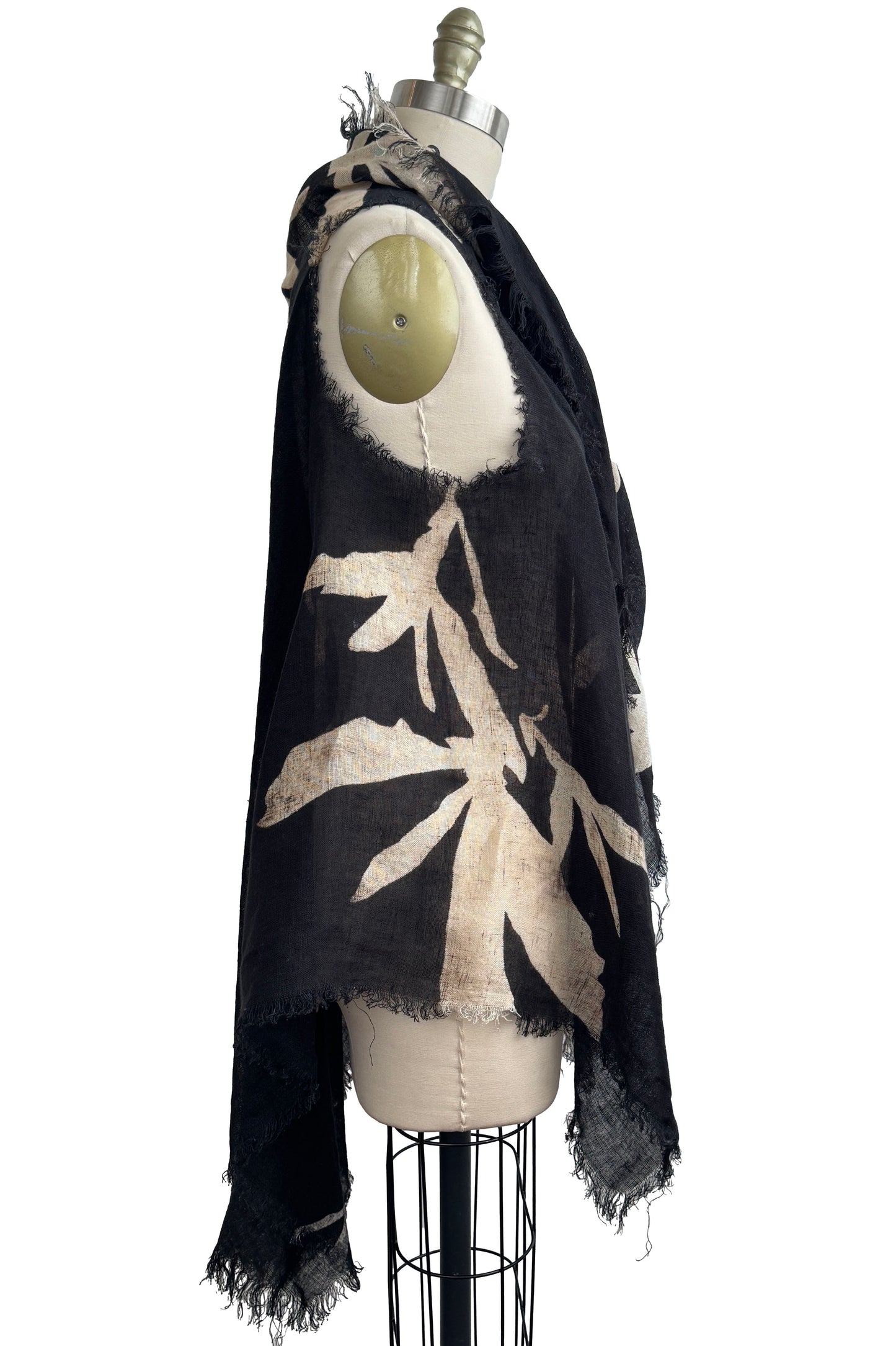 Asymmetrical Wrap Vest | Open Weave Linen | Azalea Leaf Print | Black & Natural
