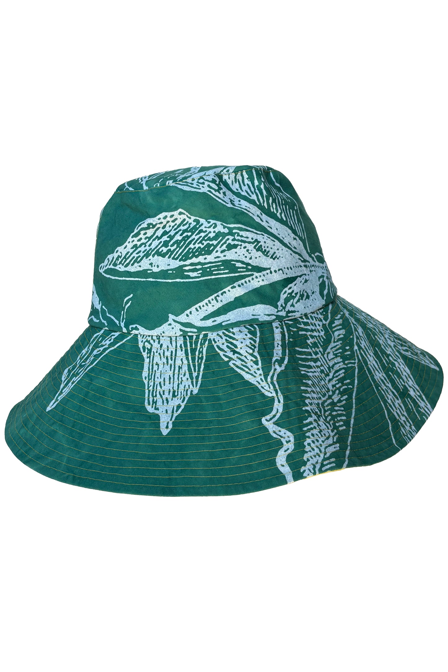 Asymmetrical Wide Brim Hat | Cotton | Azalea Print | Green & White | Medium