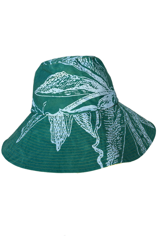 Asymmetrical Wide Brim Hat | Cotton | Azalea Print | Green & White | Medium