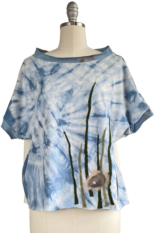 Jen Top | Organic Cotton Jersey | Needle Felted Oyster & Seaweed | Blue & White | Medium