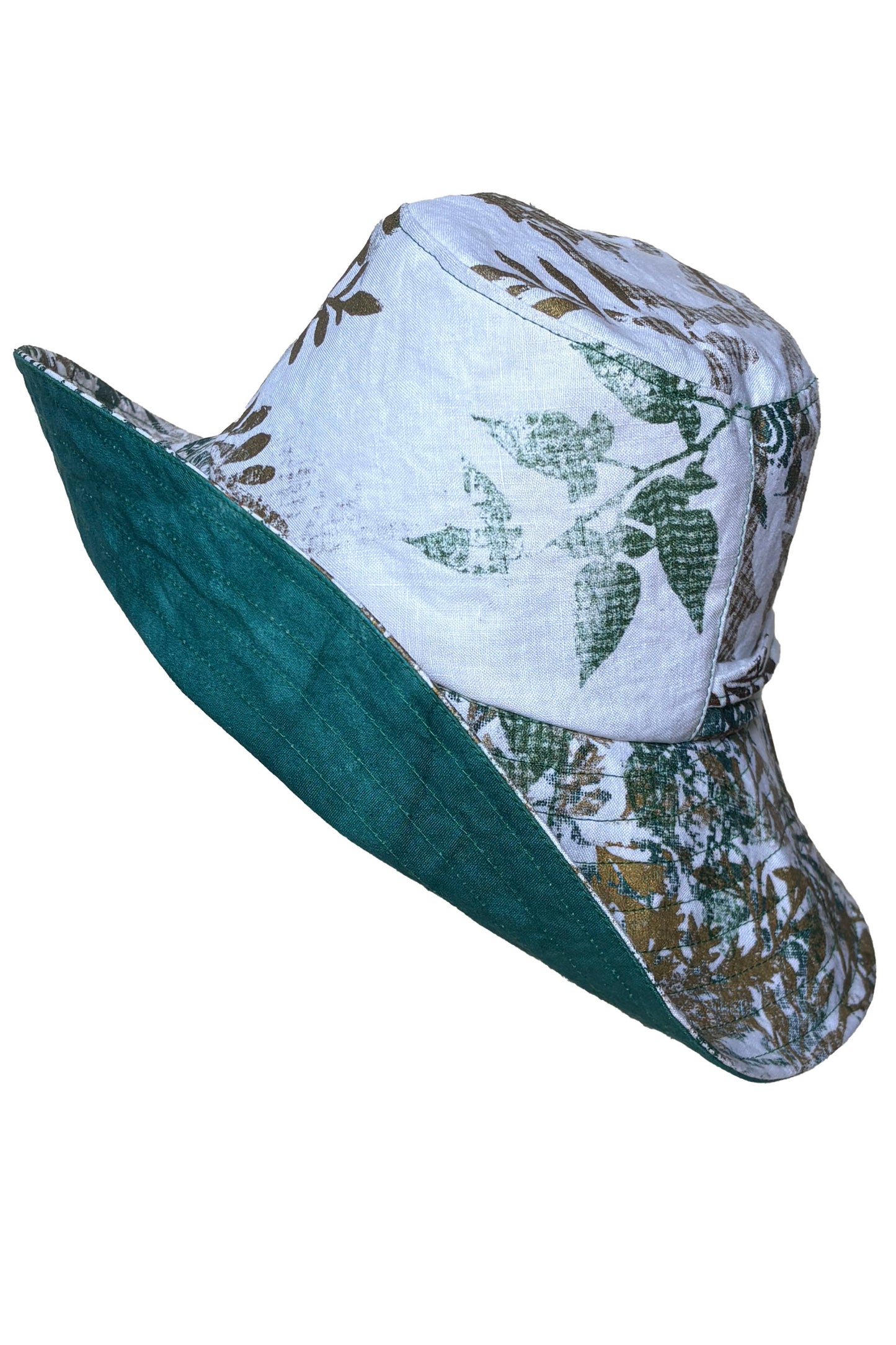 Brighton Hat | Cotton | Vine & Wallpaper Print | White, Teal & Gold | Medium