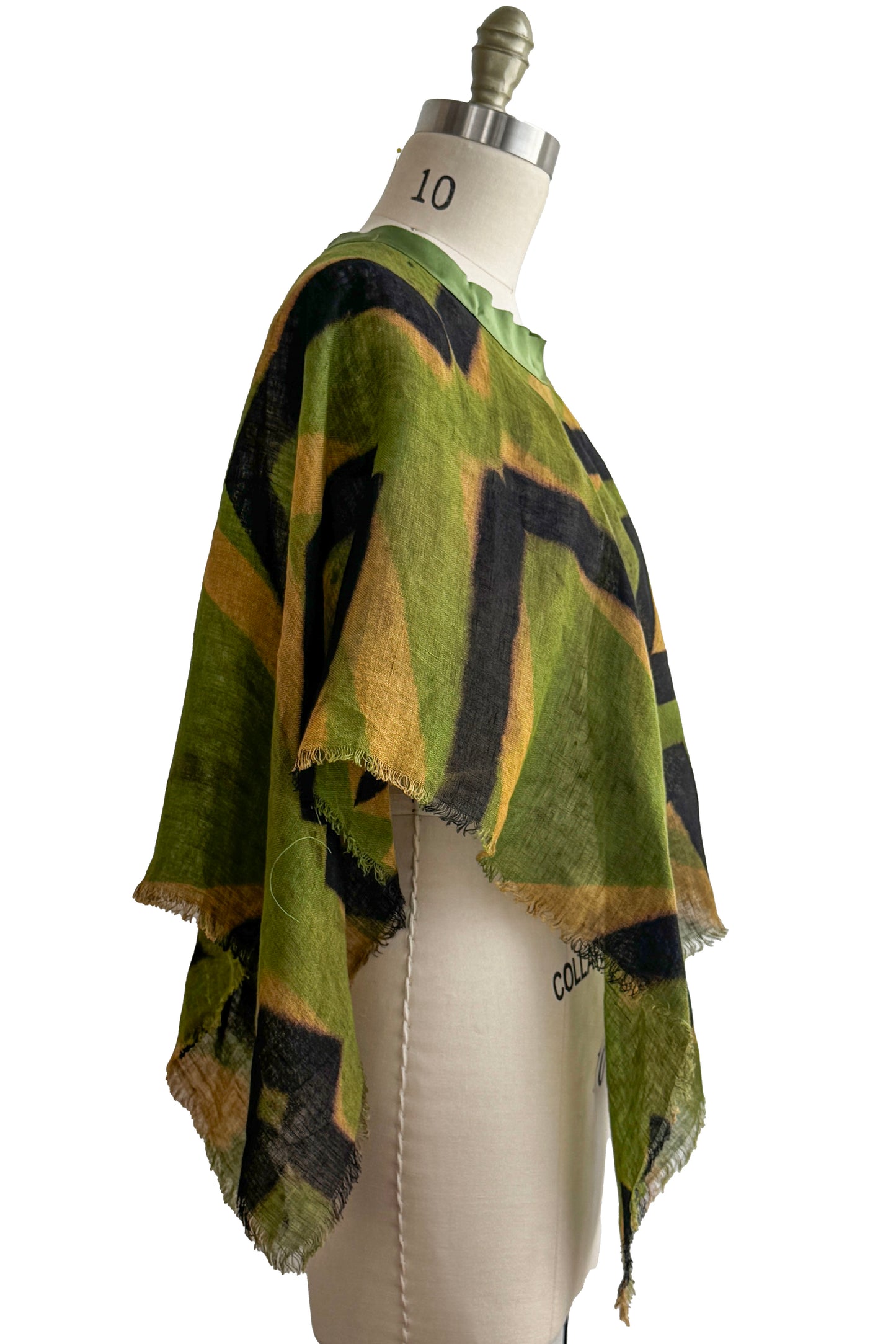 Open Weave Poncho w/ Silk Trim | Open Weave Linen | Itajime Dye | Black, Green & Gold