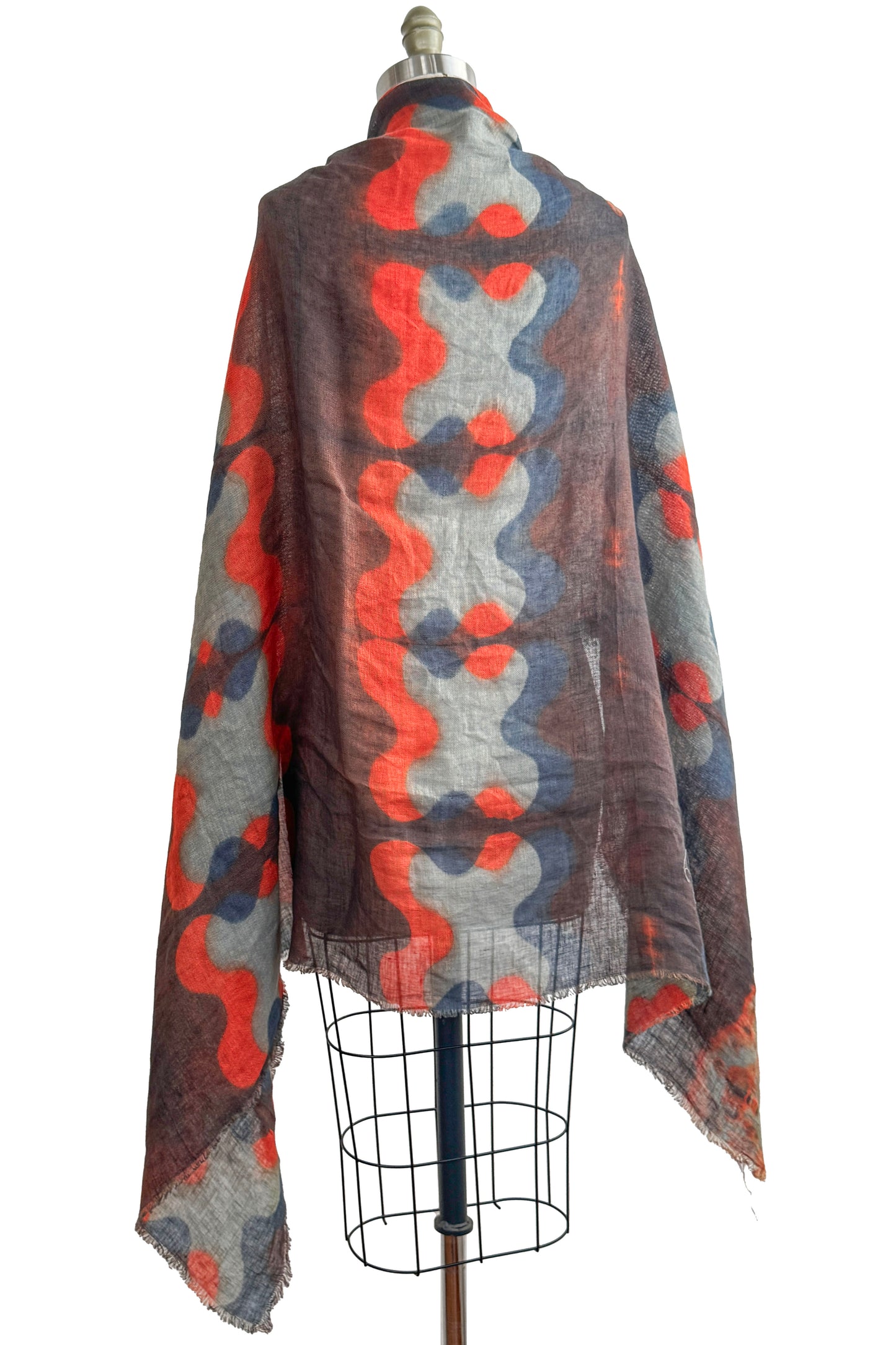 Shawl | Open Weave Linen | Itajime & Kumo Dye | Purple, Light Blue & Red Orange