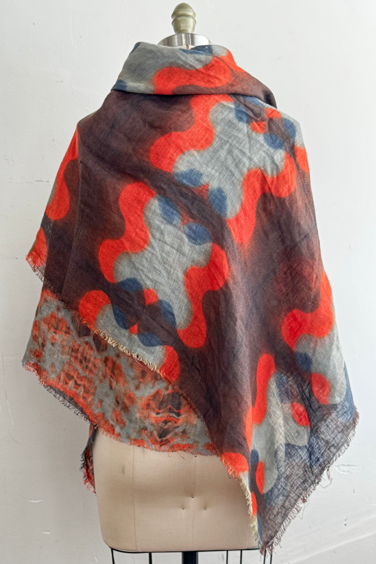 Shawl | Open Weave Linen | Itajime & Kumo Dye | Purple, Light Blue & Red Orange