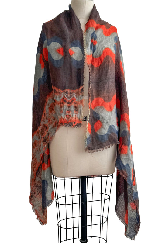 Shawl | Open Weave Linen | Itajime & Kumo Dye | Purple, Light Blue & Red Orange