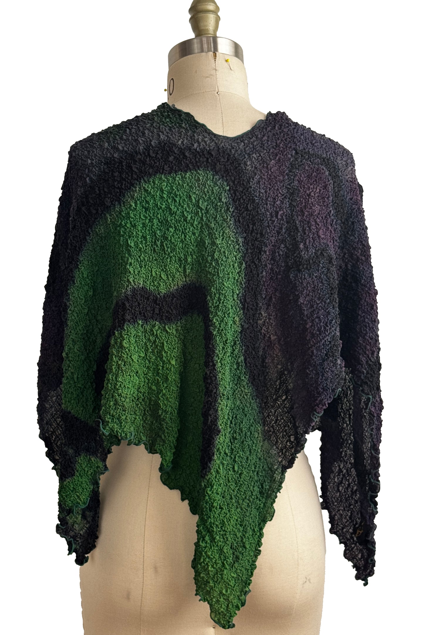 Bubble Poncho | Bubble Textured Silk | River Dye | Eggplant, Green & Black
