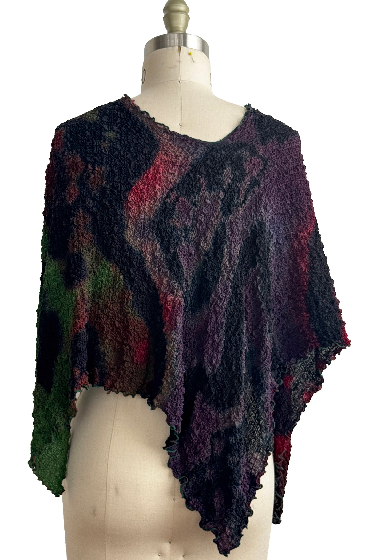 Bubble Poncho | Bubble Textured Silk | River Dye | Eggplant, Green, Wine & Black