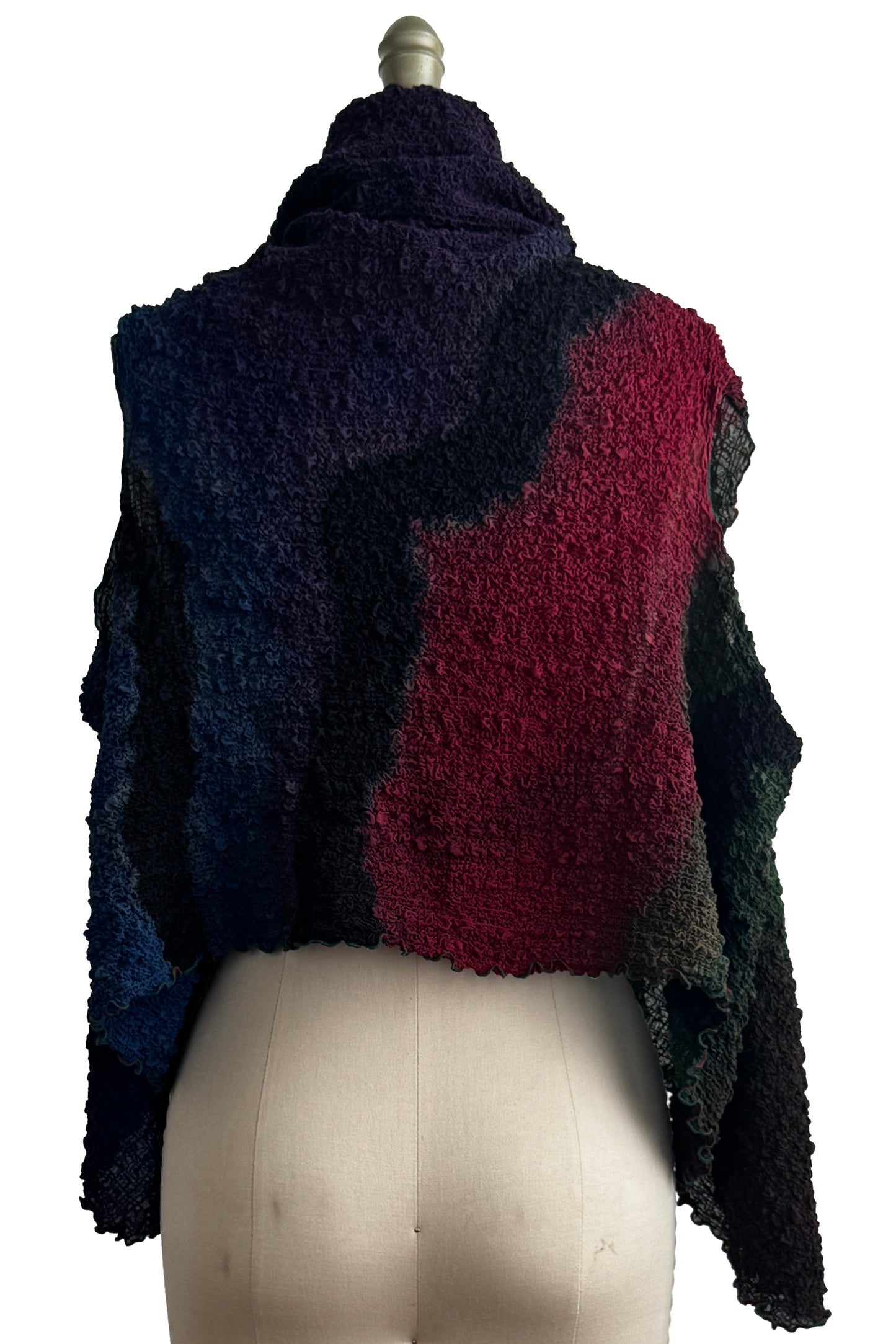 Asymmetrical Wrap Vest | Bubble Silk | River Dye | Olive, Red, Black & Blue
