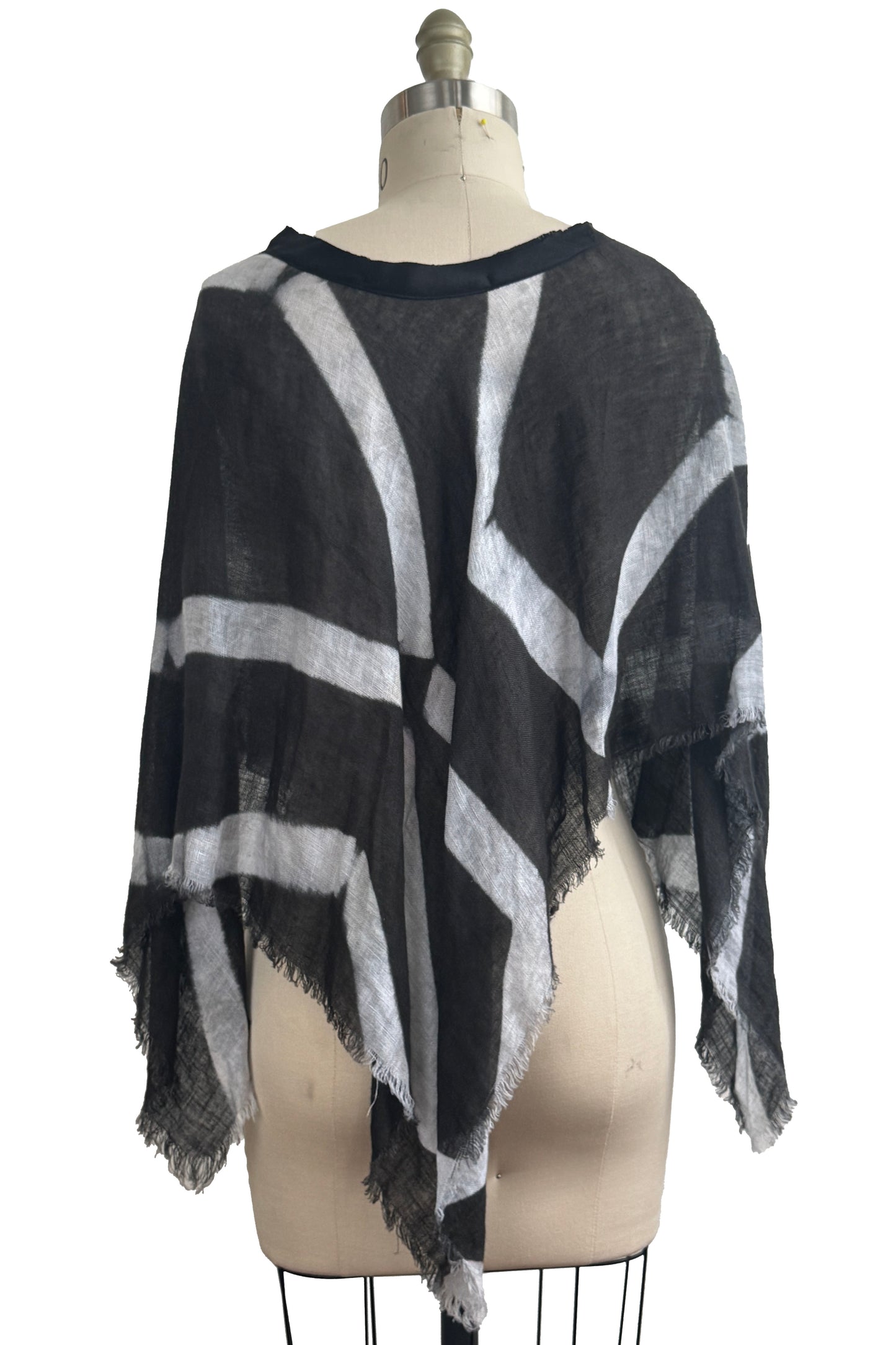 Open Weave Poncho w/ Silk Trim | Open Weave Linen | Itajime Dye | Black & White
