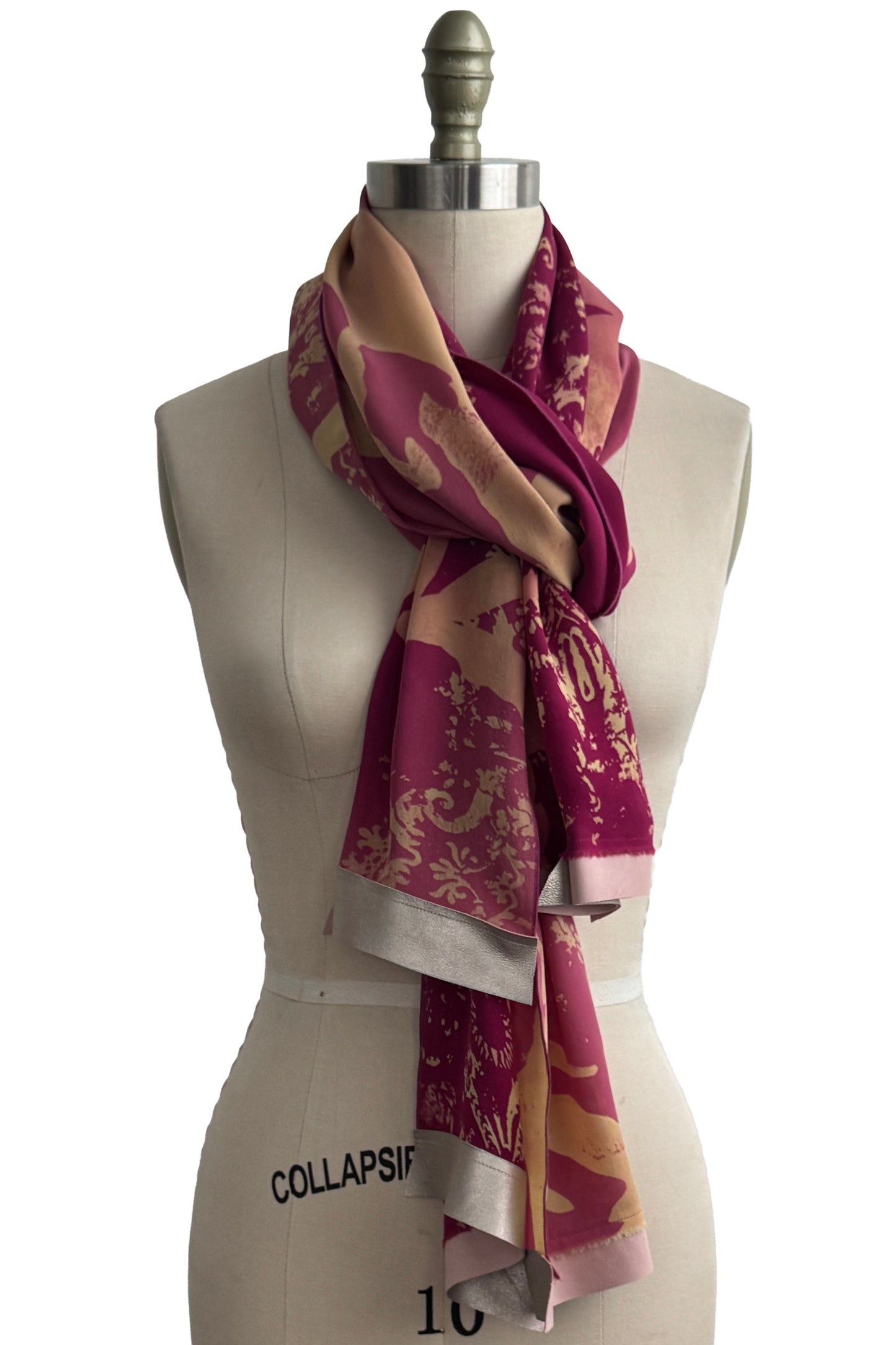Shawl w/ Leather Trim | Silk Georgette | Wallpaper & Azalea Print | Wine Red, Peach & Silver