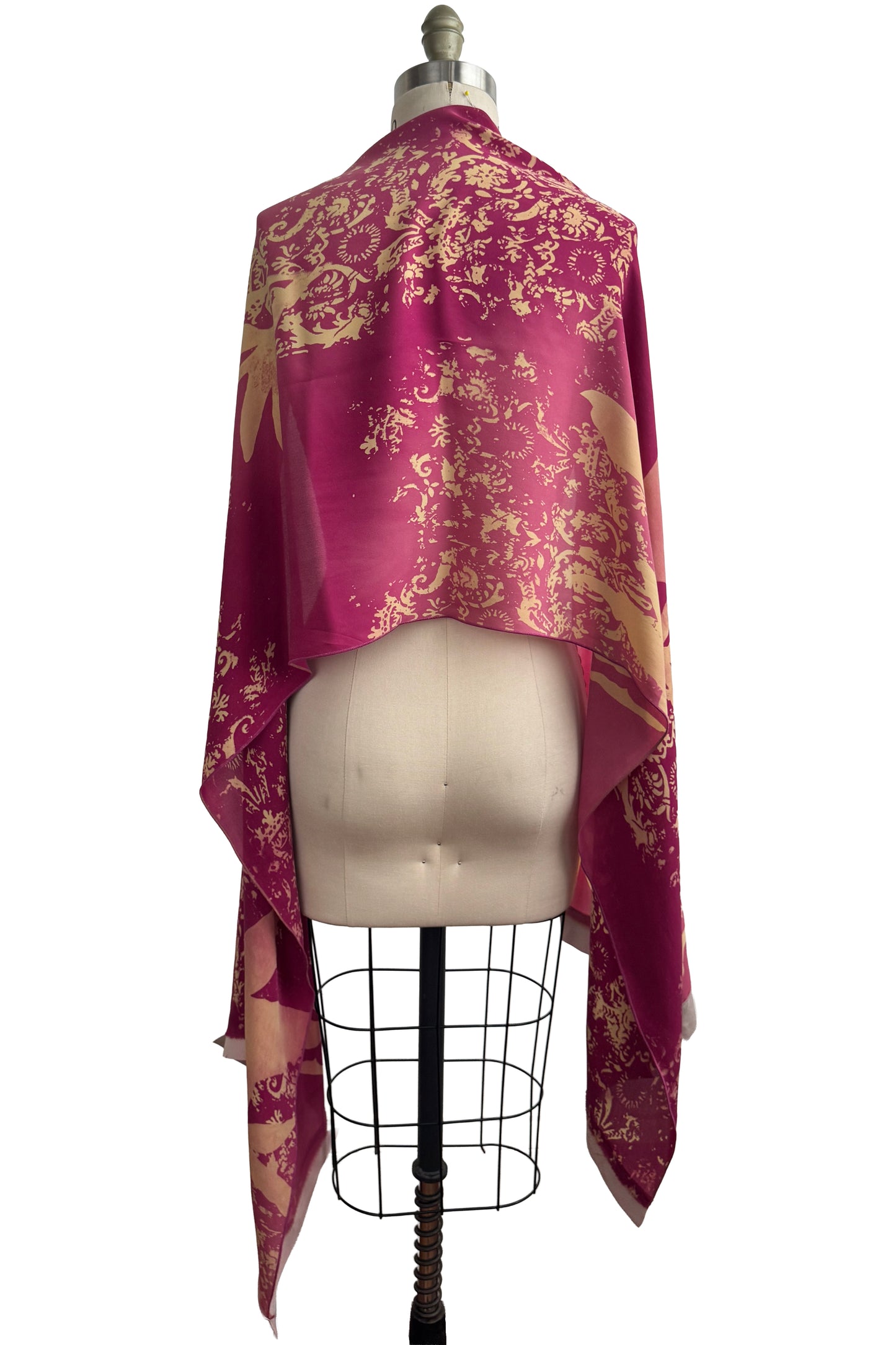 Shawl w/ Leather Trim | Silk Georgette | Wallpaper & Azalea Print | Wine Red, Peach & Silver
