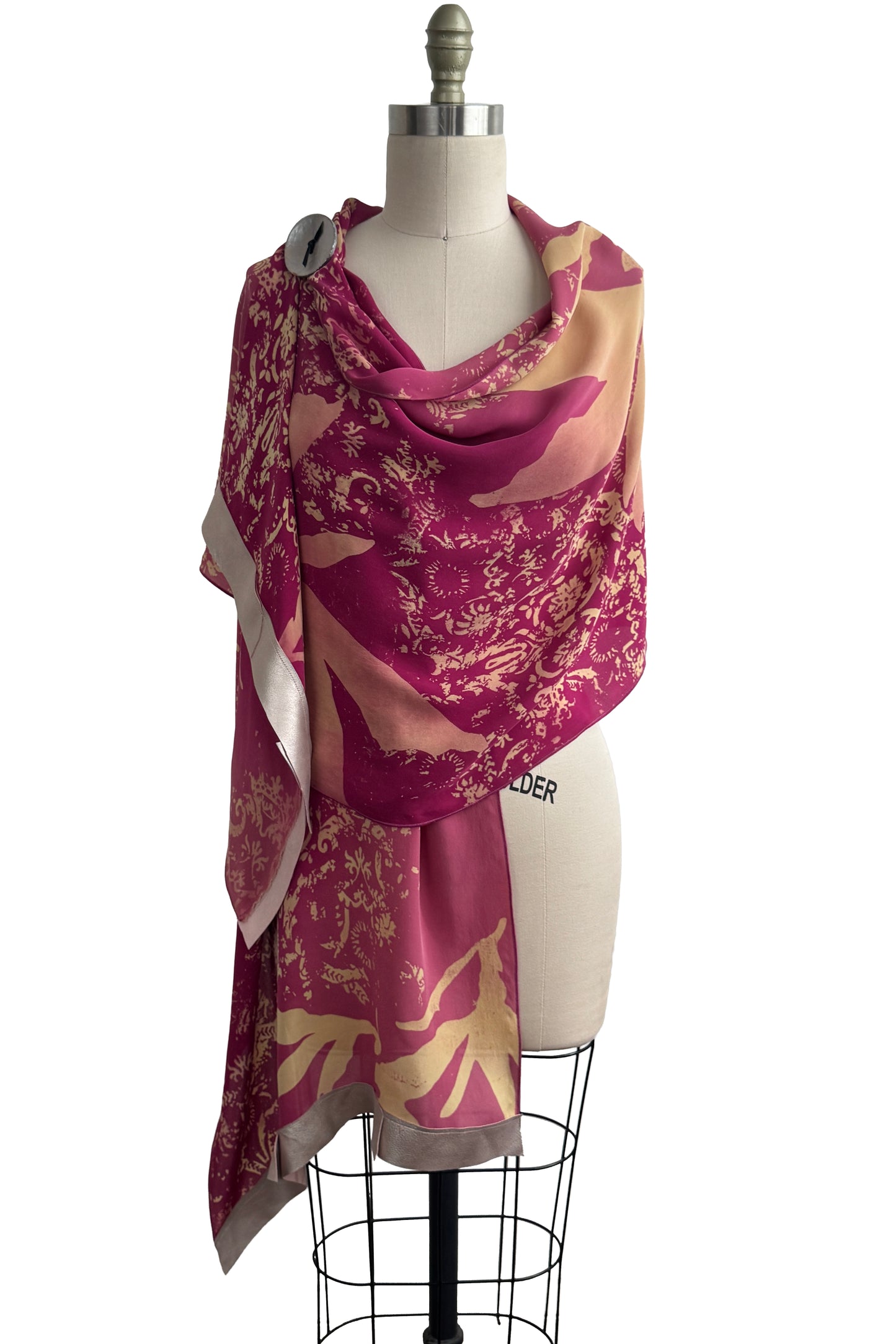 Shawl w/ Leather Trim | Silk Georgette | Wallpaper & Azalea Print | Wine Red, Peach & Silver