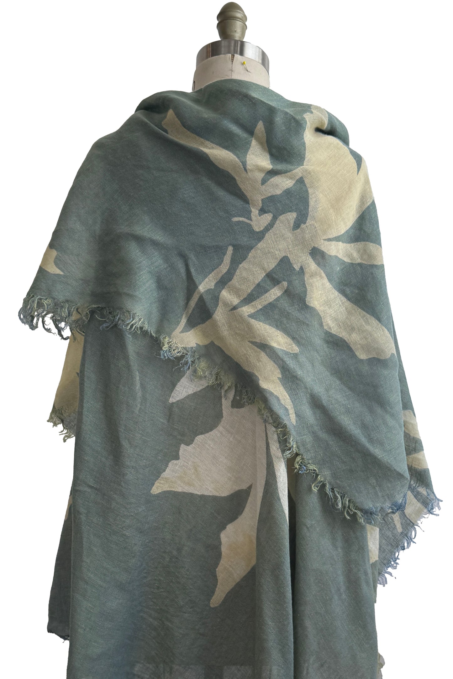 Asymmetrical Wrap Vest | Open Weave Linen | Azalea Leaf Print | Light Blue & Natural