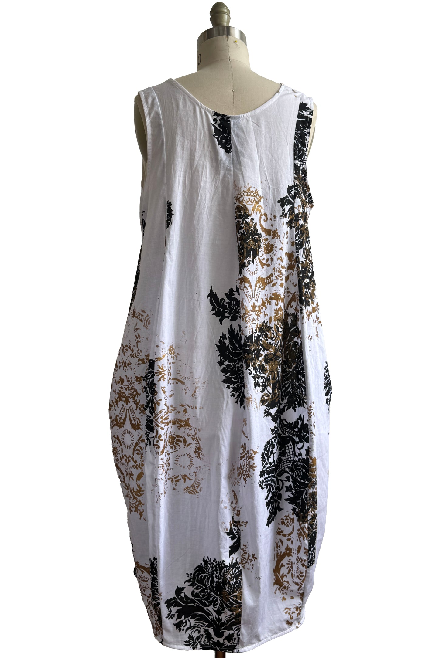 Plum Dress | Cotton | Wallpaper & Scroll Print | White, Black & Gold | Medium