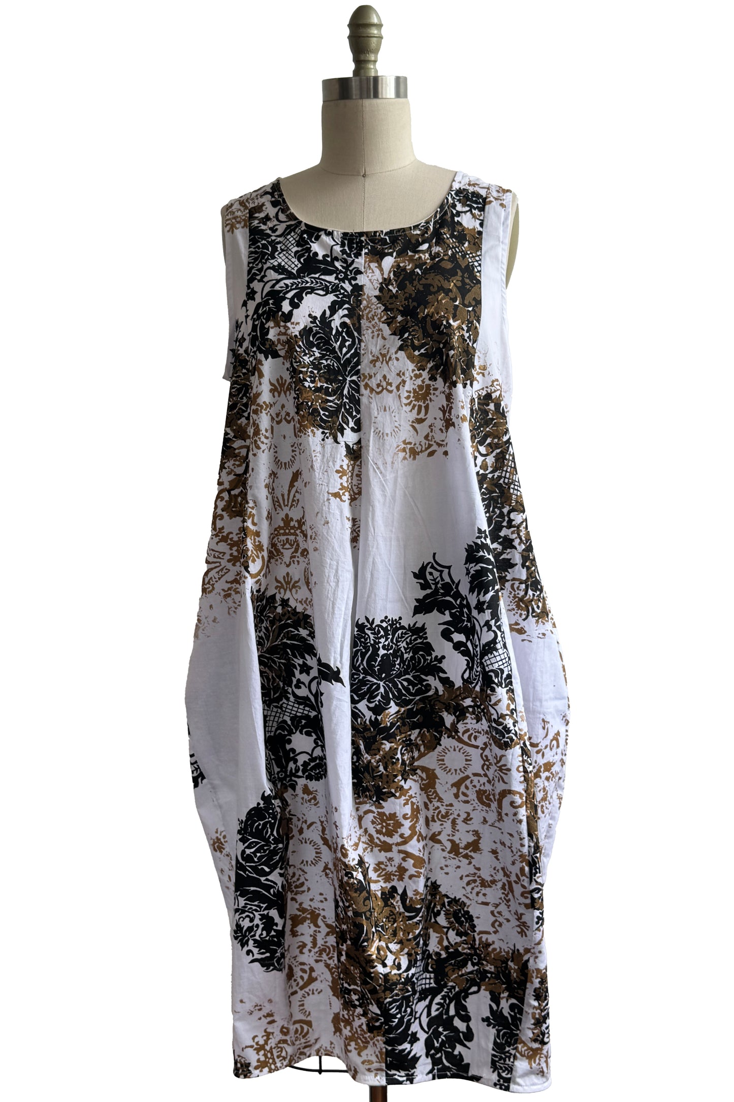 Plum Dress | Cotton | Wallpaper & Scroll Print | White, Black & Gold | Medium