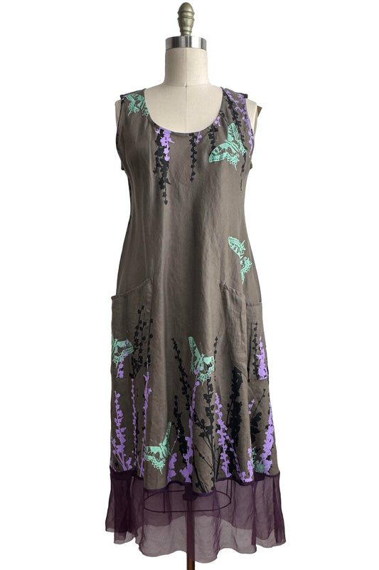 Emilia Dress | Linen w/ Organza Trim | Butterfly & Hollyhock Print | Purple, Green & Grey  Small