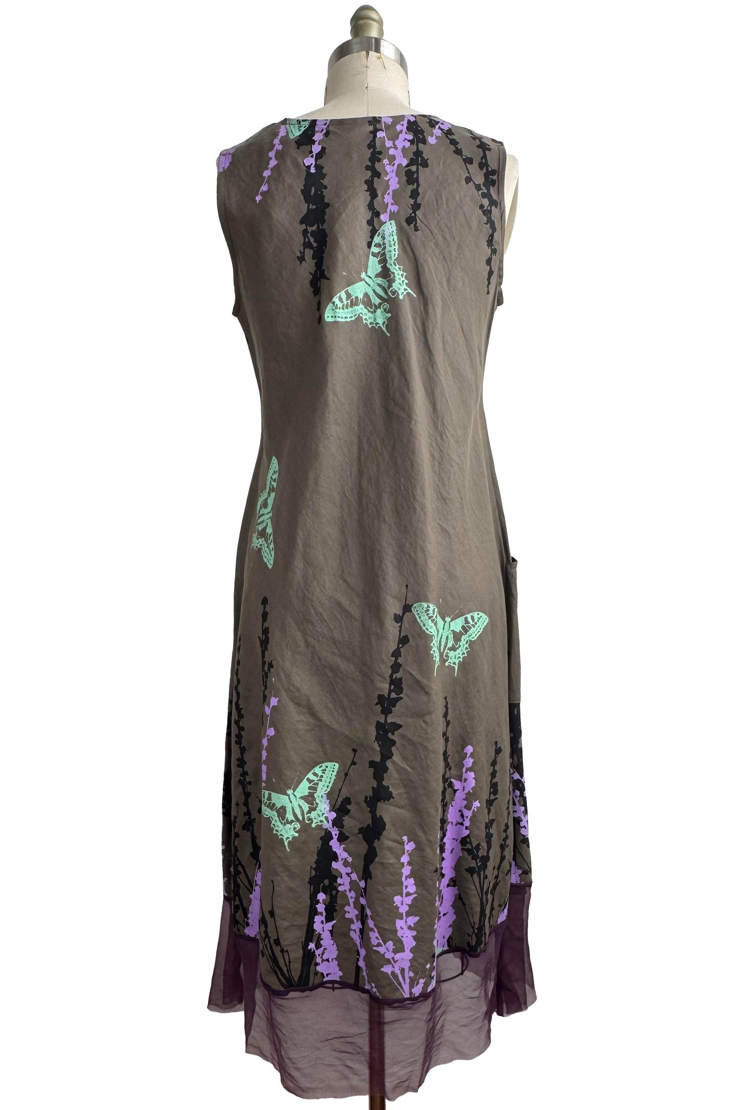 Emilia Dress | Linen w/ Organza Trim | Butterfly & Hollyhock Print | Purple, Green & Grey  Small