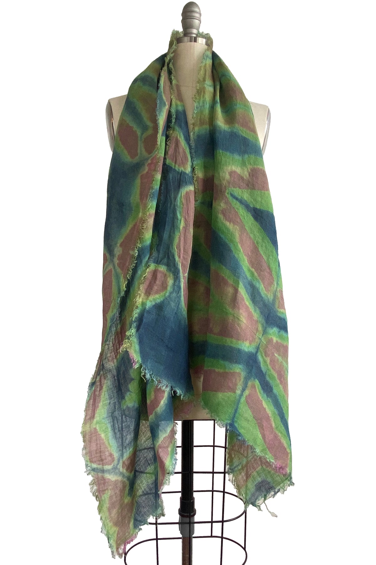 Shawl | Open Weave Linen | Itajime Dye | Rust, Blue, & Green