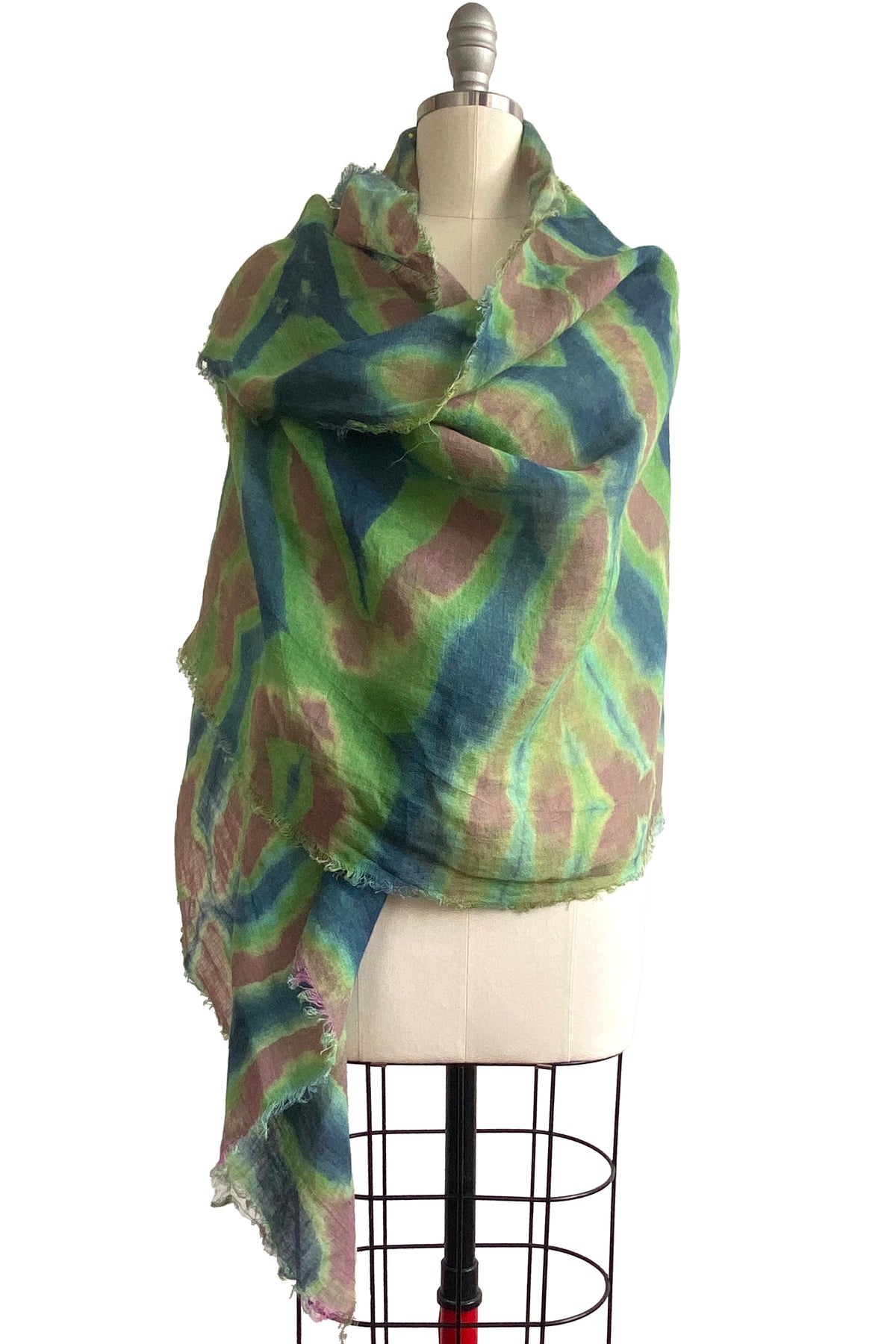 Shawl | Open Weave Linen | Itajime Dye | Rust, Blue, & Green