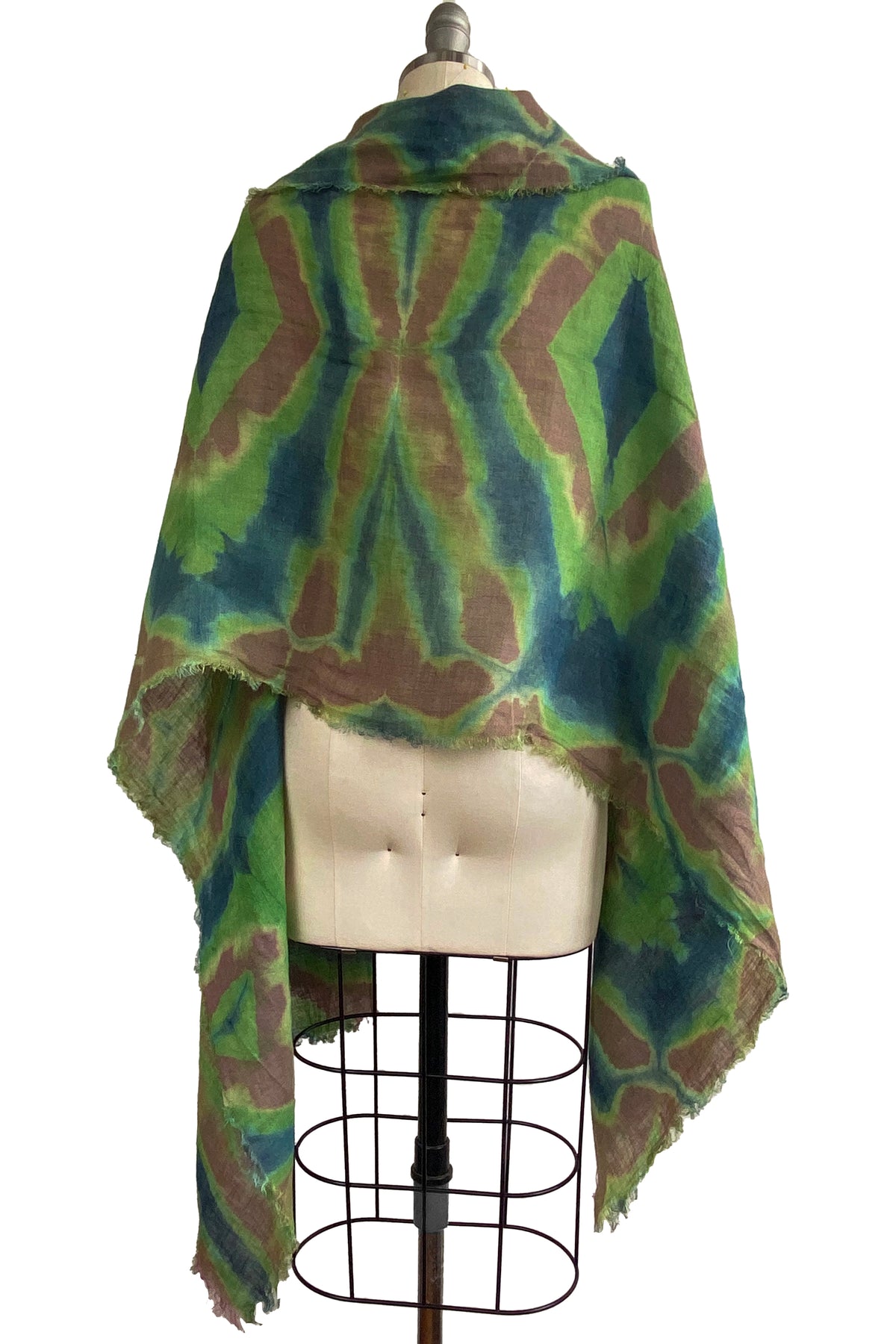 Shawl | Open Weave Linen | Itajime Dye | Rust, Blue, & Green
