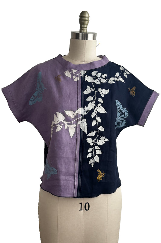 Jen Top | Linen | Vine & Butterfly Print | Navy, Lavender & White | Small-2