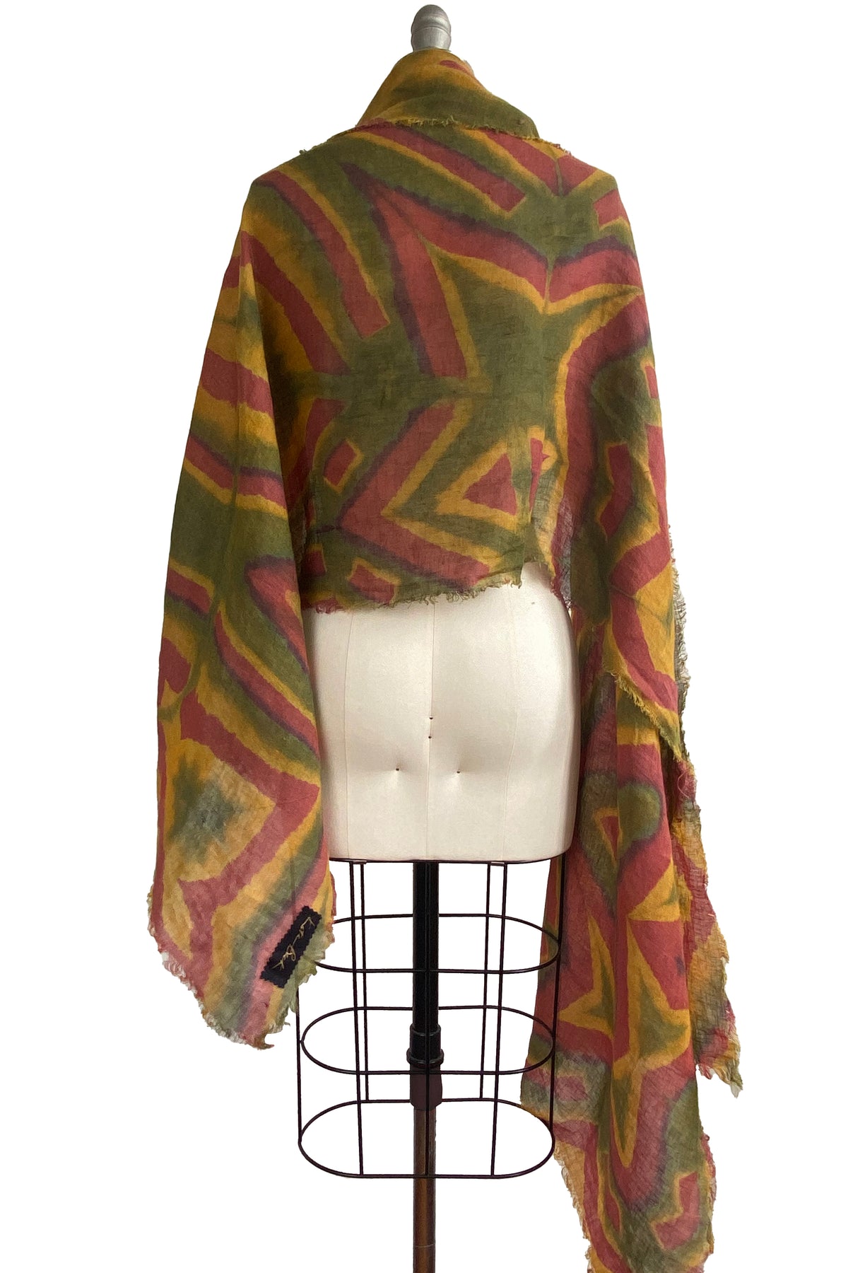 Shawl | Open Weave Linen | Itajime Dye | Olive, Red, & Mustard