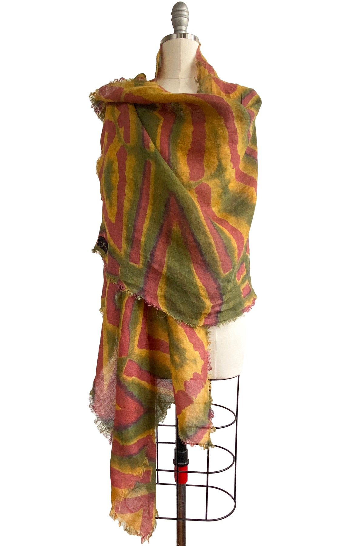 Shawl | Open Weave Linen | Itajime Dye | Olive, Red, & Mustard