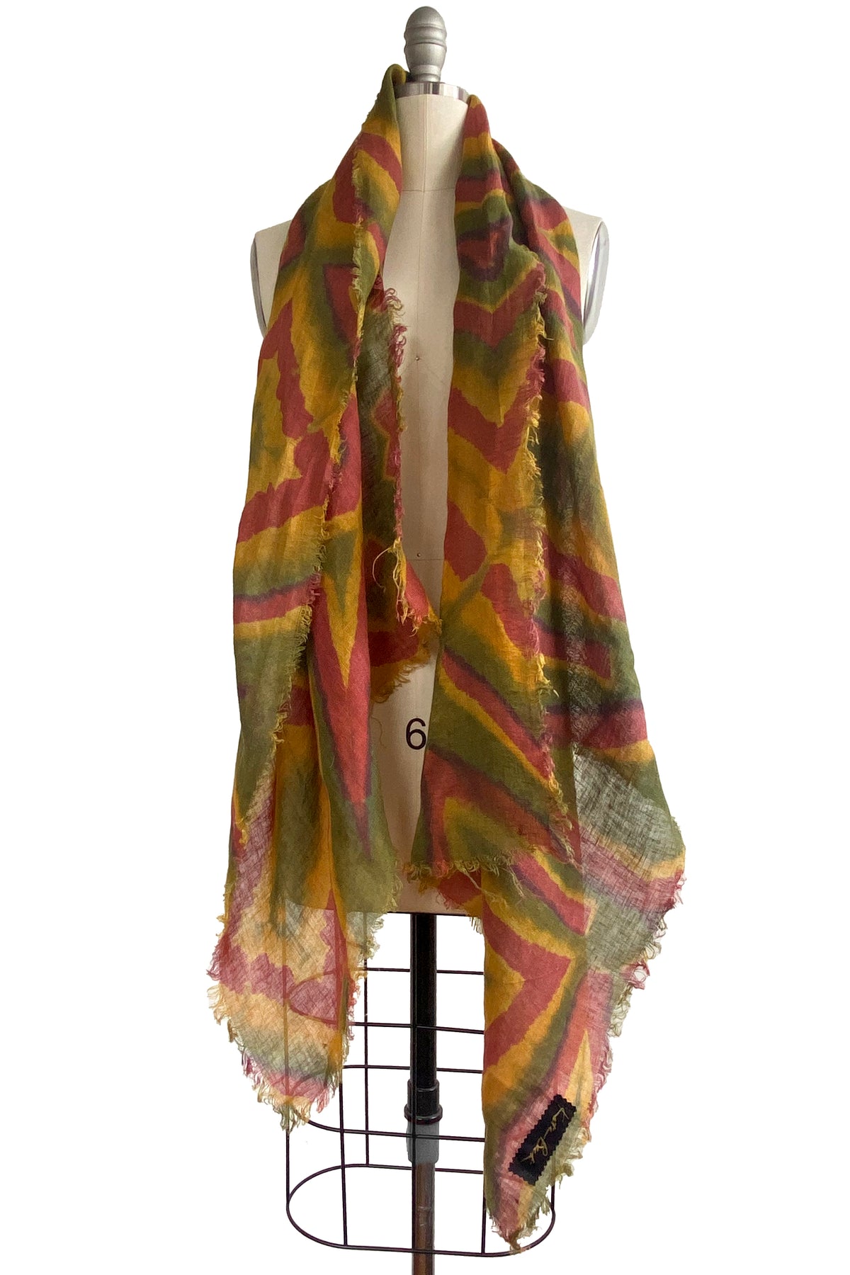 Shawl | Open Weave Linen | Itajime Dye | Olive, Red, & Mustard