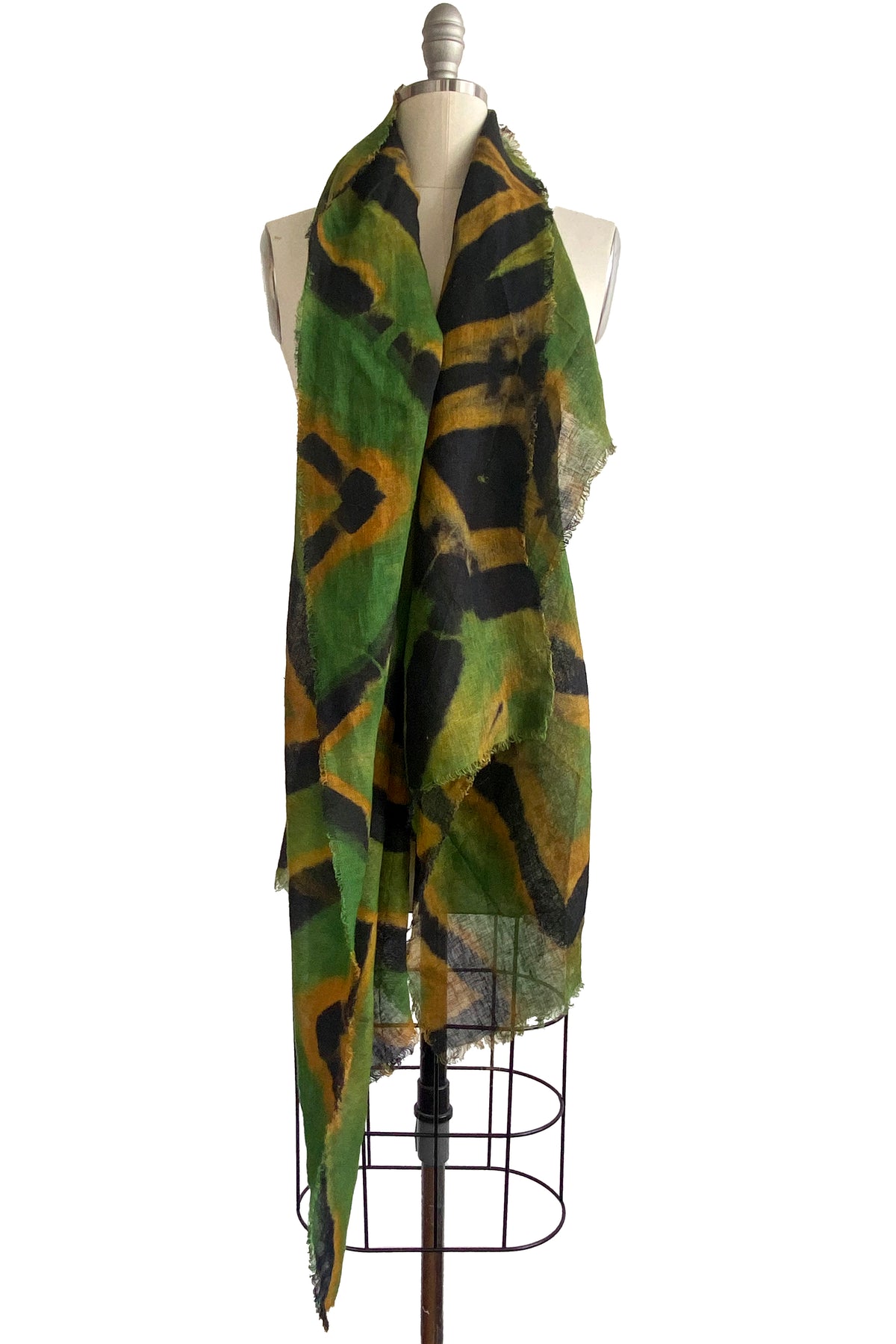 Shawl | Open Weave Linen | Itajime Dye | Yellow, Green, & Black