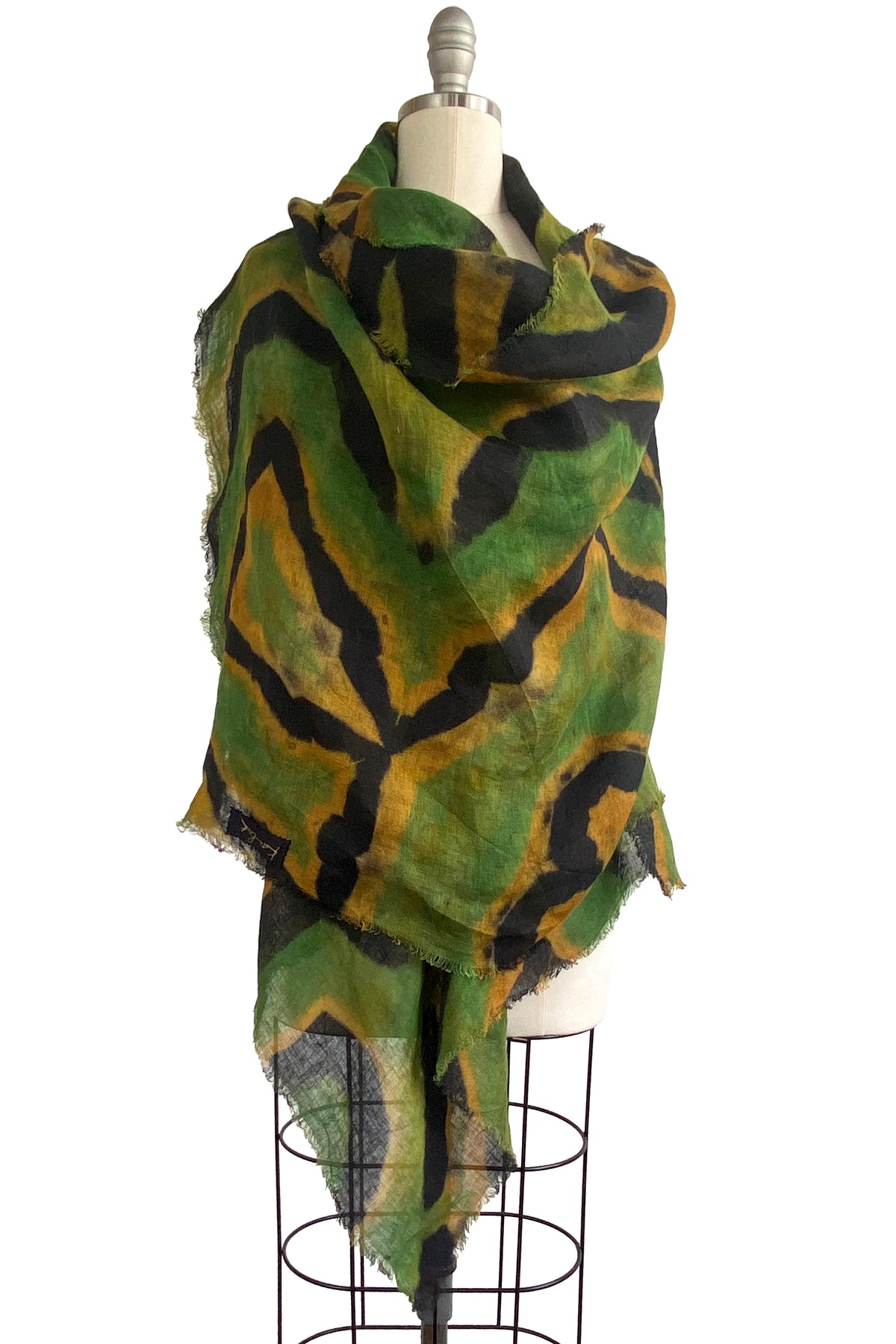 Shawl | Open Weave Linen | Itajime Dye | Yellow, Green, & Black