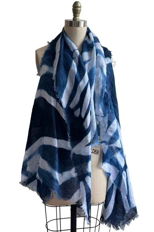 Asymmetrical Wrap Vest | Open Weave Linen | Itajime Dyed Sticks | Indigo & White