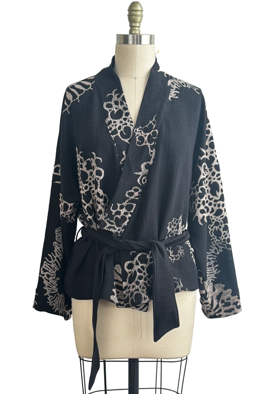 Kimono Jacket | Heavyweight Pebble Silk | Oceana Print | Black & Natural | Small (2)