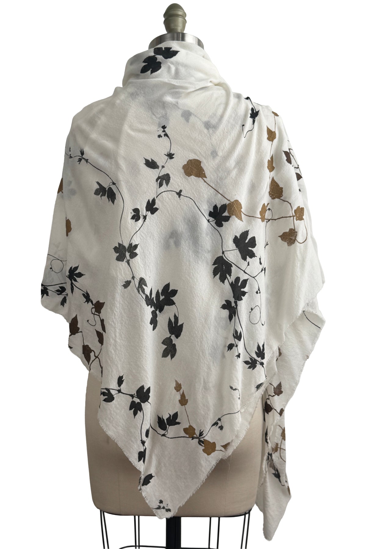 Square Scarf | Silk & Wool Blend | Hops Vine Print | Black, Gold & White