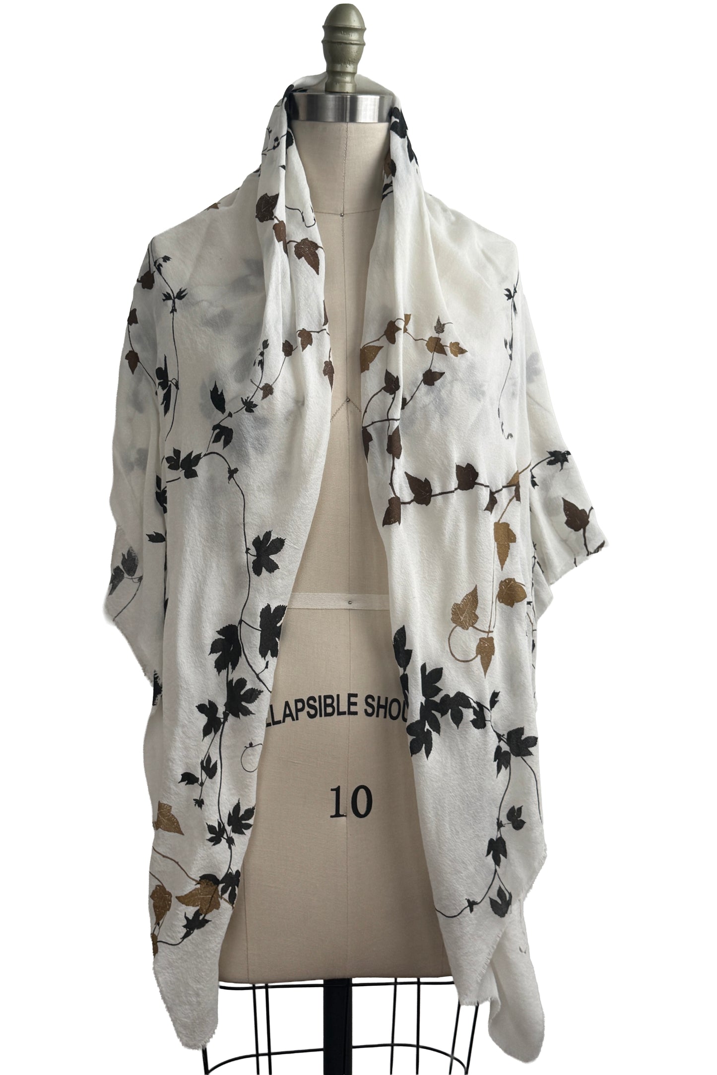 Square Scarf | Silk & Wool Blend | Hops Vine Print | Black, Gold & White